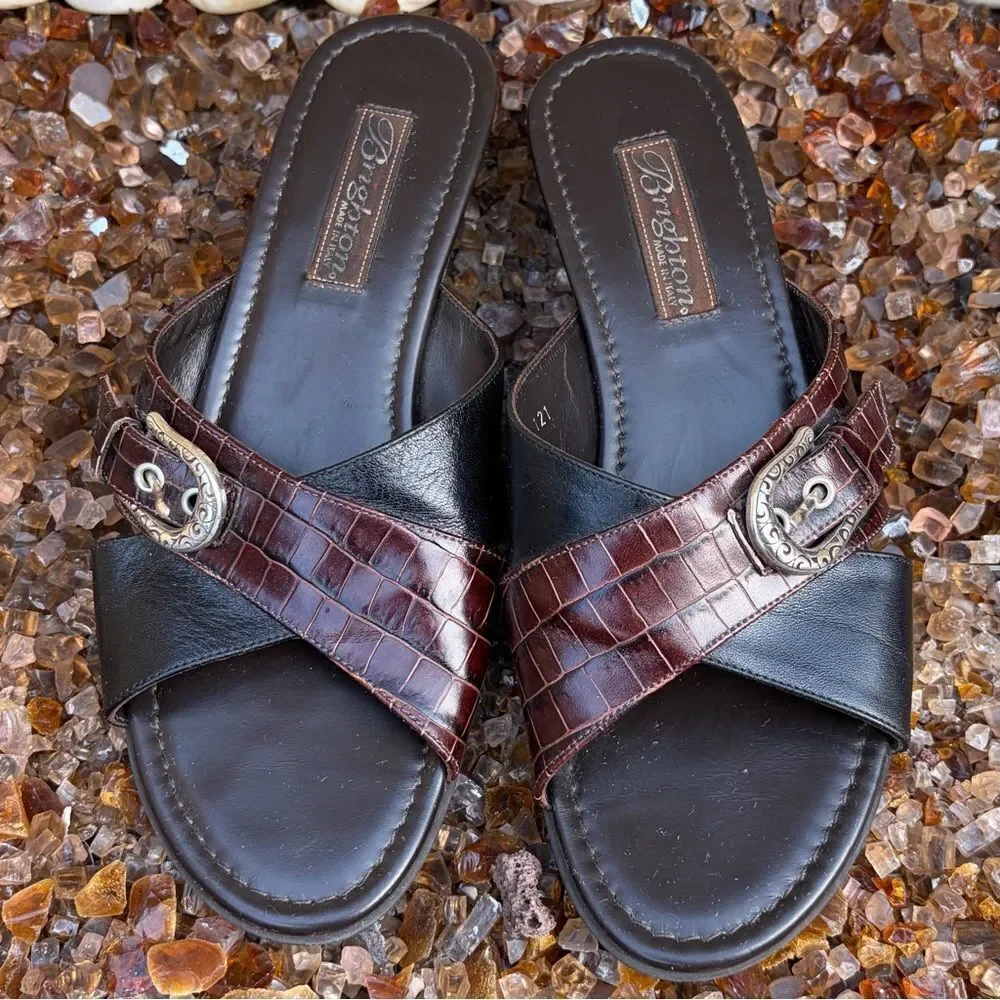Brighton Lorna Black/Brown Silver Buckle Slip-On Sandales/Loafers Size 7 Boho